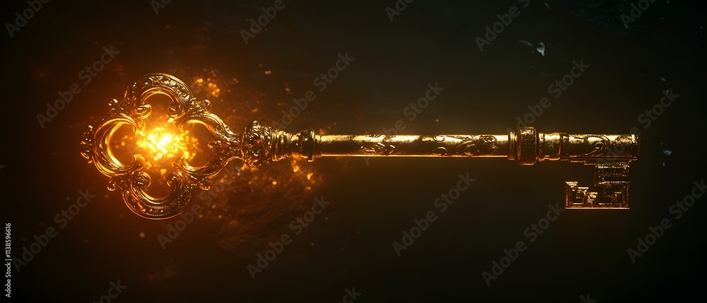 Poster intricate golden key with decorative design radiating light and magic sparks on a dark background, s