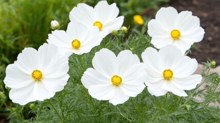 Obraz premium Delicate White Flowers with Bright Yellow Centers Against Lush Green Foliage