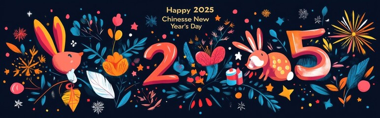 Obraz premium Colorful floral illustration celebrating Chinese New Year 2025 with a whimsical bunny amid vibrant botanical elements and festive stars