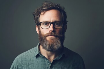 Obraz premium Portrait of a Bearded Man with Glasses Against a Dark Background