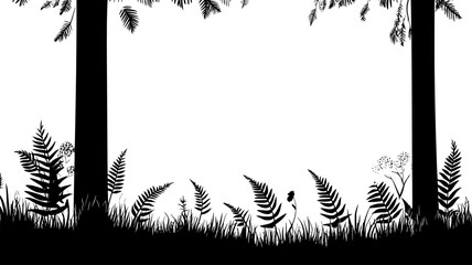 Ferns growing under canopy of trees in forest, Plant Illustration