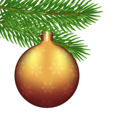 Merry Christmas poster card design. Christmas golden ball with patterns of snowflakes on a Christmas tree branch on a transparent background