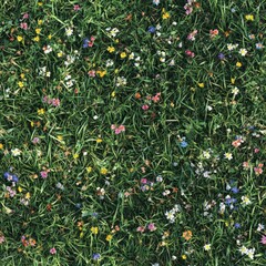 Top view photo of grass with small colorful wildflowers, seamless texture
