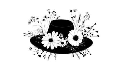 Floral headpiece with wildflowers on straw hat, Plant Illustration