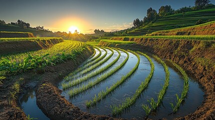 Serene rice terraces reflecting the sunset in a lush, vibrant landscape.
