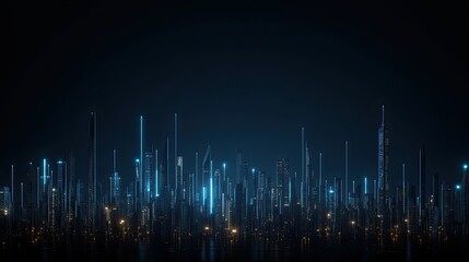 Bright city skyline at night displaying digital connections and data points, symbolizing the integration of smart urban technology in modern living