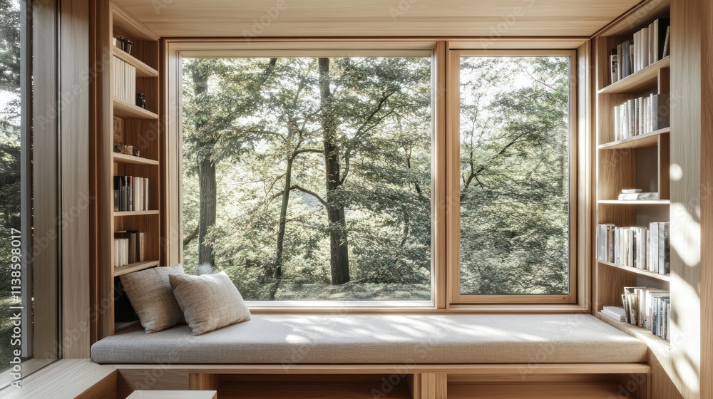 Poster sunlit window seat with built-in bookshelves overlooking a tranquil forest.