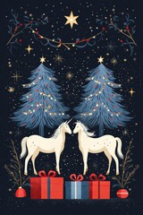 Festive blue christmas illustration featuring unicorn, decorated christmas trees, and colorful gifts against a dark background