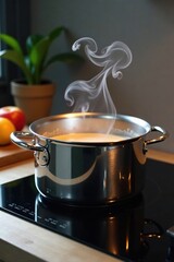 Stainless steel pot on induction stove with steam rising from the liquid inside, modern kitchen, metal object, cooking utensil