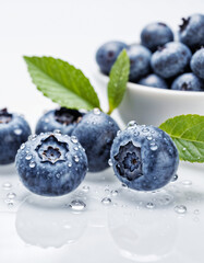 Ripe blueberries with water droplets isolated on white background. Generative AI