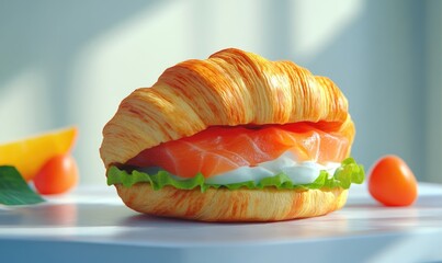 A sandwich with salmon and lettuce on a white plate