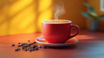 Obraz premium A yellow and half red background with a red cup of coffee in the center, with coffee beans.