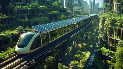 Fototapeta premium A high-speed train with solar-powered panels on its roof, moving through a green city with rooftop gardens and energy-efficient urban design