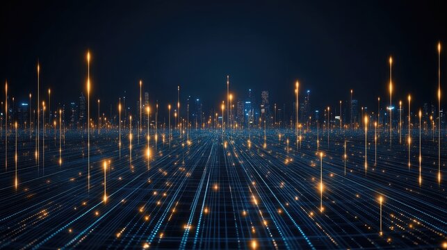 A vibrant city skyline illuminated by holographic lights against a blue night sky highlights advanced technology in urban settings