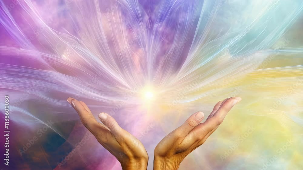 Fototapete harnessing energy through hands in a vivid display of light and color