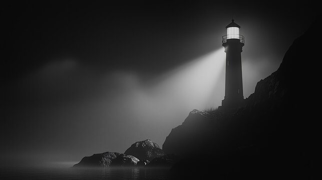 A solitary lighthouse casts its beam over a misty, rocky shoreline at night, creating a serene yet mysterious ambiance.