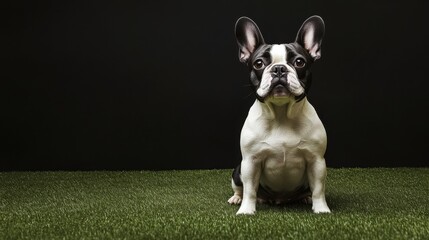 Fototapeta premium Highquality DSLR photo of piebald French Bulldog on trimmed lawn