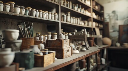 A rustic studio filled with wooden shelves, paintbrushes, and ceramic jars, creating an inspiring environment for artistic endeavors.