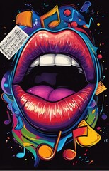 Vibrant lips with musical notes in colorful artistic design
