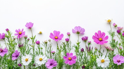 Fototapeta premium A beautifully arranged selection of vibrant and diverse flowers on a clean white backdrop – ideal for spring presentations.