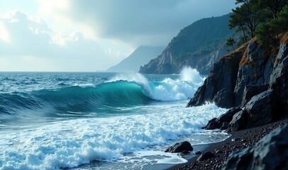Turbulent ocean with waves crashing against a rocky shoreline, landscape, sea, clear blue waters