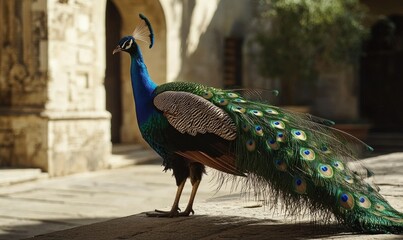A blue and green peacock is standing on a stone wall