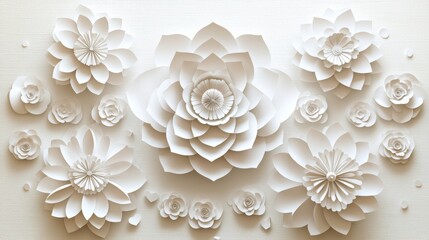 Floating, sharp clay pieces with white flowers, chrysanthemums, and layered paper casting city shadows
