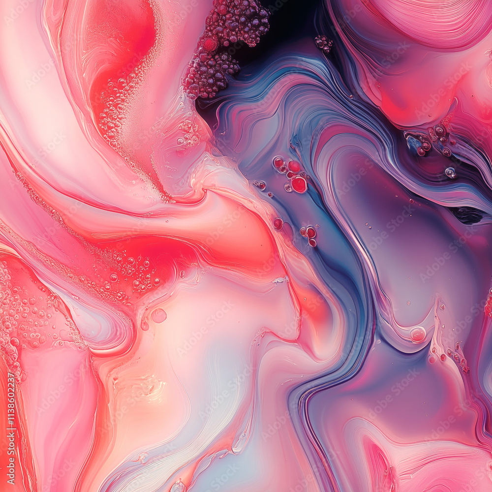Fototapete An abstract composition in muted pinks, blues and reds where flowing lines create layers that intertwine. Bubbles and smooth transitions between shades add depth and a sense of fluid, swirling liquids