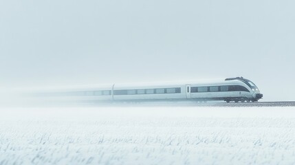 A high-speed train zooming past snow-covered fields, with the snow crunching under the wheels and a blur of white surroundings