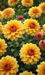 Vibrant dahlia flowers in a bright yellow hue, sunny yellow, garden bloom