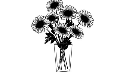 Gerbera daisies placed in a tall vase, evenly spaced with visible greenery, Plant Vector Graphic