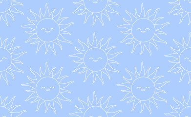 Seamless pattern of thin lineart of bright smiling suns with simple cartoon-like rays. Soft and cheerful atmosphere, playful design. Vibrant, whimsical, joyful and uplifting children motifs.