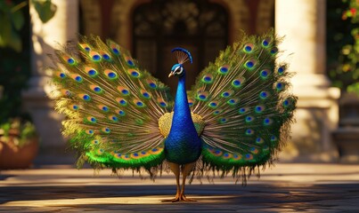 Obraz premium A blue and green peacock standing on a sidewalk