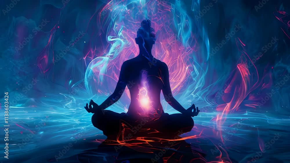 Poster energizing meditation reflection in a mystical atmosphere of vibrant colors and calmness