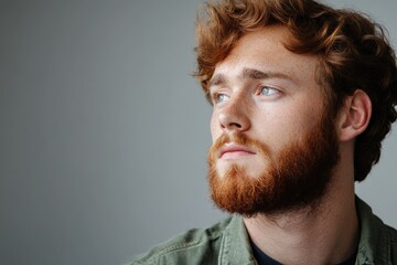 Naklejka premium Thoughtful Young Man with Curly Hair and Beard in a Minimalist Setting