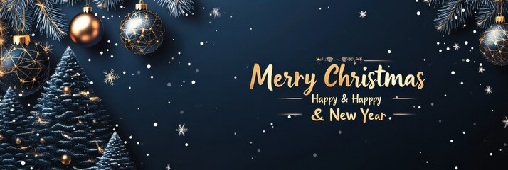 Naklejka premium Elegant navy blue Christmas background with gold ornaments and lights wishes a Merry Christmas and a Happy New Year with festive decorations