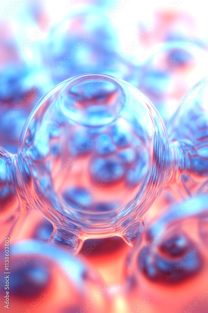 Poster illustration of transparent glass spheres in which light effects create a harmony of blue and orange