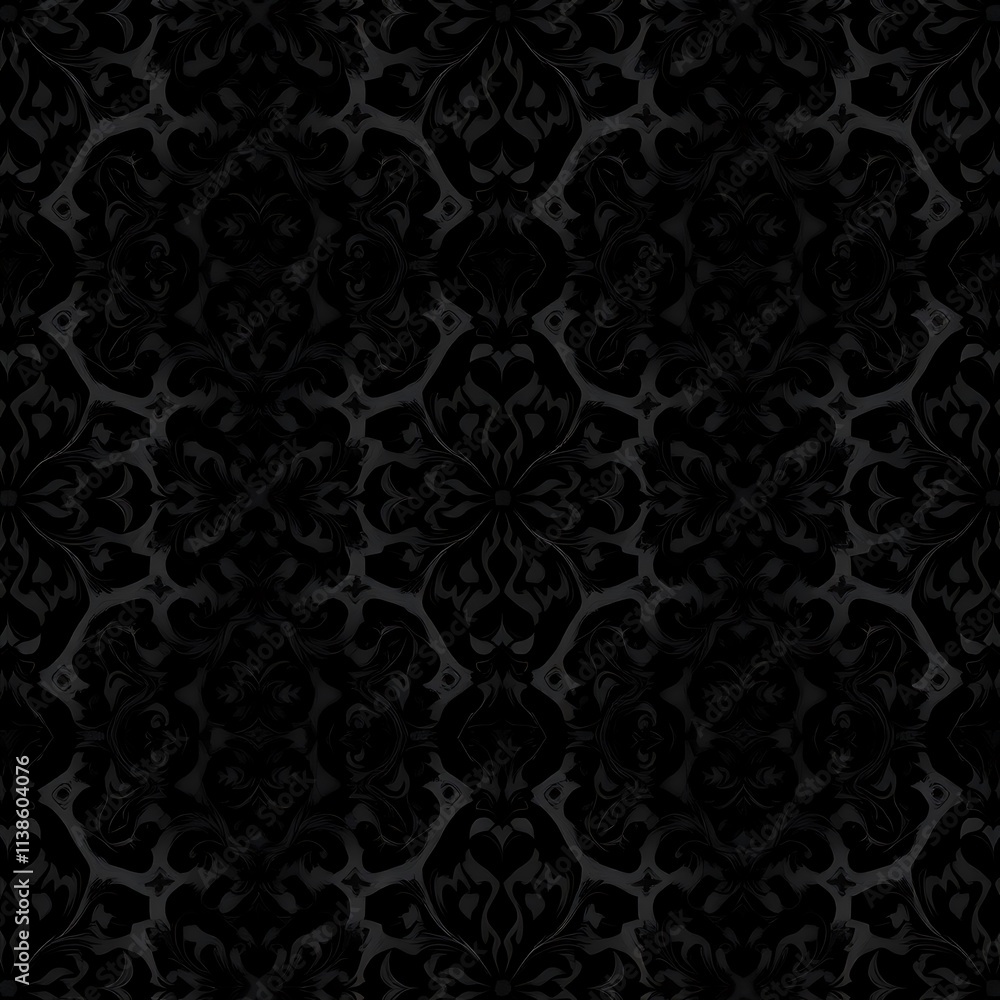 Poster intricate black damask pattern: a seamless and luxurious black damask pattern with intricate details