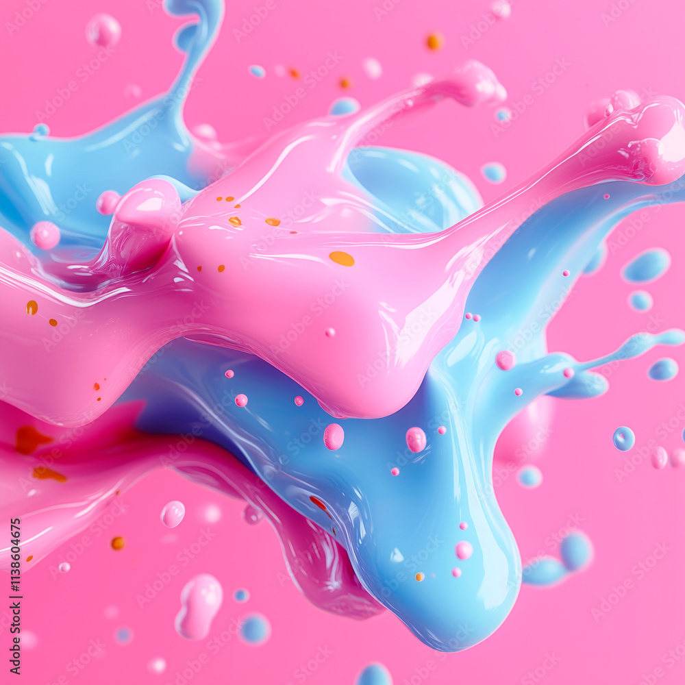 Poster An elegant composition in soft pastels of pink and blue. The flowing shapes intertwine with drops and splashes to create harmony and a sense of airy lightness, emphasizing graceful dynamism and depth