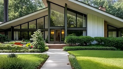 Modern suburban home with striking architectural design and landscaped garden in a peaceful neighborhood