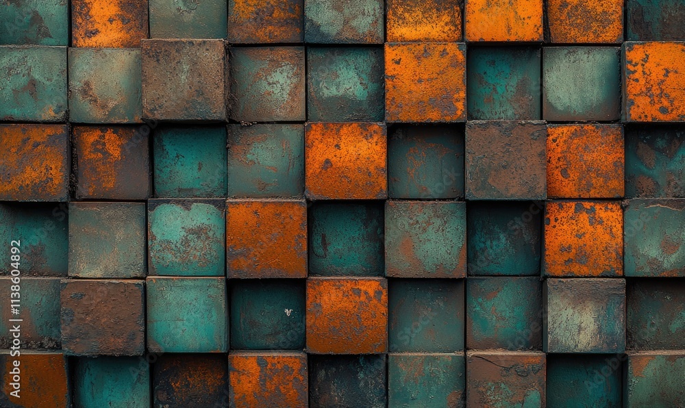 Poster a wall made of square blocks with a green and orange color scheme