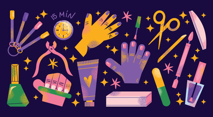 Nail care tools set manicure accessories hands with polished nails. Colorful flat illustration of nail scissors, polish bottles, cuticle nippers, files. Nail care and beauty concept