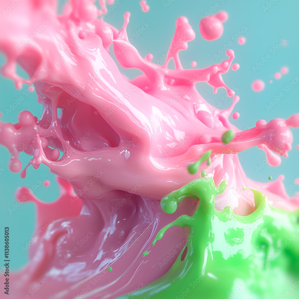 Poster a rich splash of pink and green liquids with smooth, glossy surfaces. the splashing adds movement an