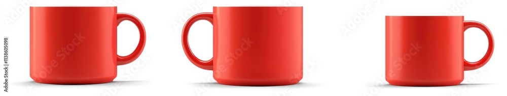 Aufkleber set of red mug mockups with handles, front view and side view, isolated on a white background, 3d re