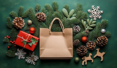 Festive Christmas arrangement with gifts and decorations in an open paper bag on a green background