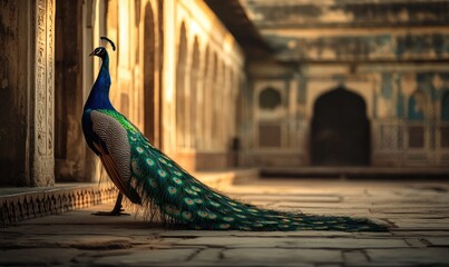 A peacock is standing in front of a building © TheoTheWizard
