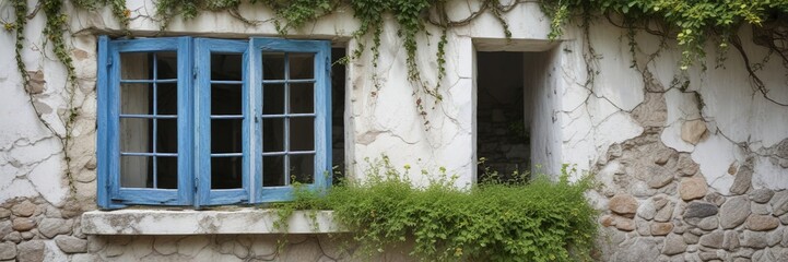 Weathered blue wooden window with overgrown vines and moss on a white stone wall, serene landscape, greenery