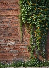 Weathered brick wall with ivy and wildflowers , lush, weathered