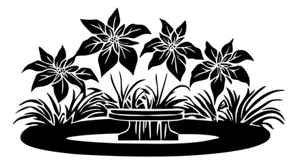 Poinsettias planted around a decorative fountain in a park, Plant Vector Graphic
