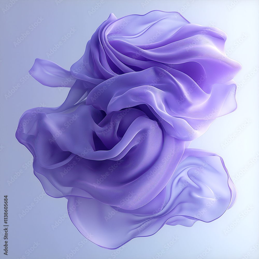 Poster three-dimensional abstract illustration with soft, undulating shapes of flying translucent fabric in